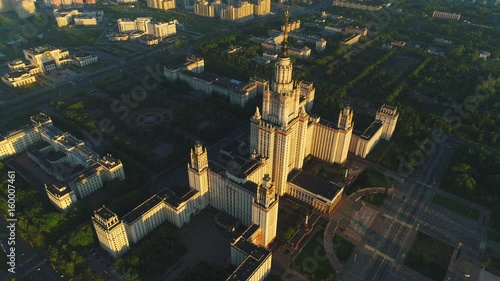 Flying over Moscow state university main campus in the sunny morning. Aerial view.