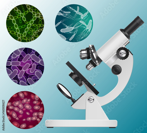 Microscope and a set of images of different biological forms. Vector .