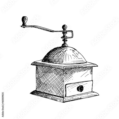 Coffee mill. coffee grinder Hand Drawn Sketch Vector illustration.