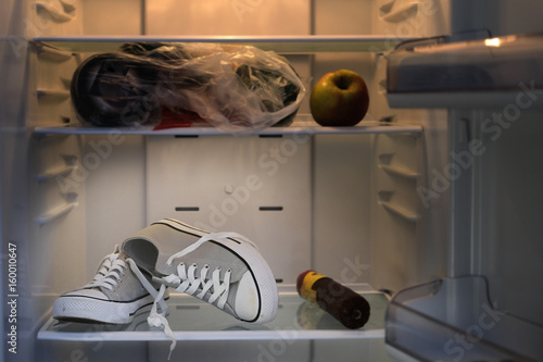 Comic ptcture with a sneakers in a refrigerator