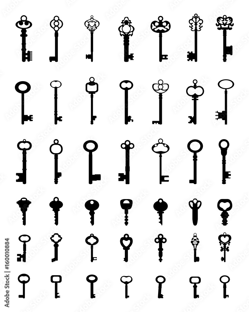 Set of black silhouettes of door keys, vector Set of black silhouettes of door keys, vector