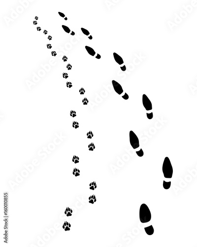 Footprints of man and dog, turn left, vector