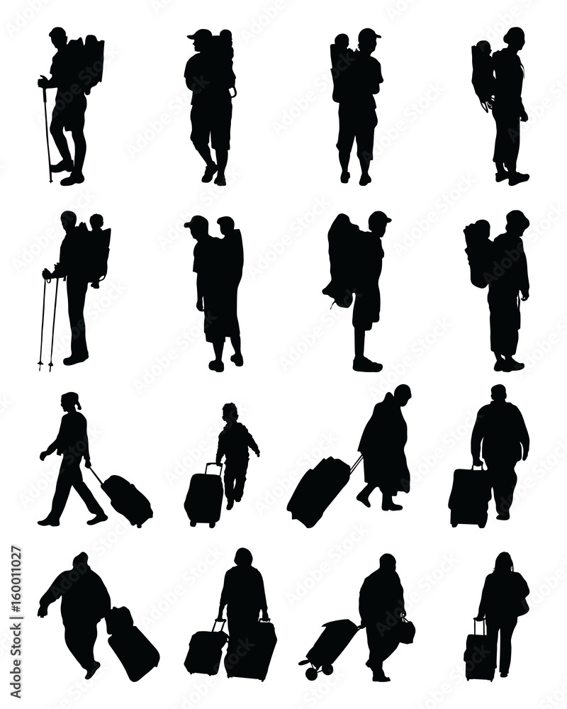 Black silhouettes of travelers with suitcases and backpacks, vector