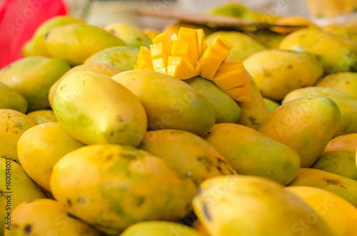 selective focus shot fresh manggoes in the market