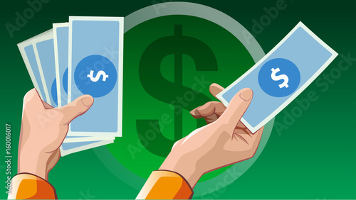 Vector illustration, hand holding several dollar bills.