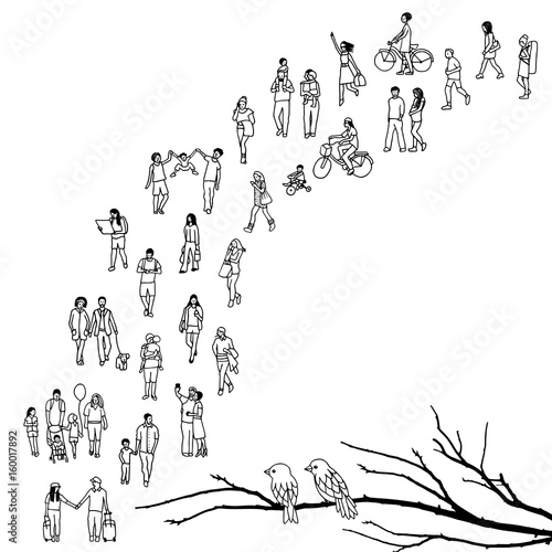 Tiny people walking in a queue, back to front, with tree branch and two birds in the foreground