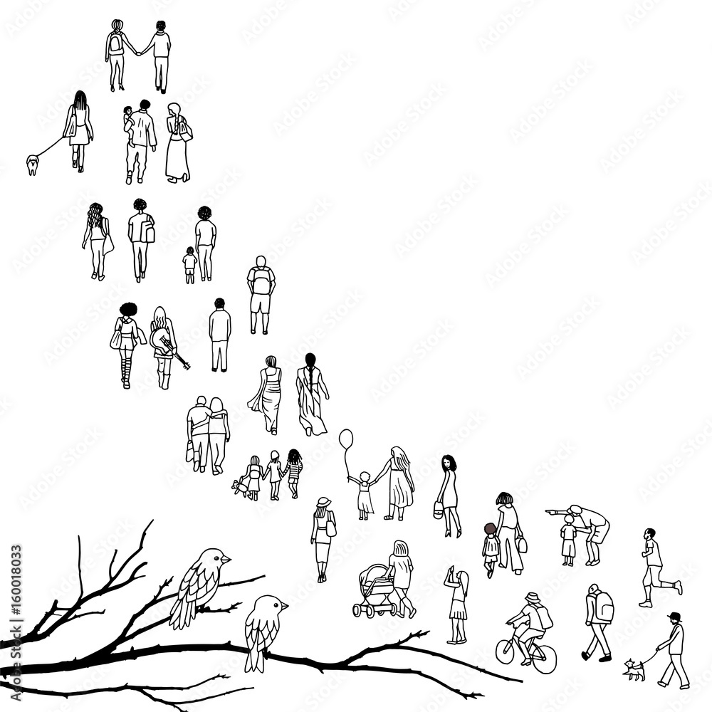 Tiny people walking in a queue, front to back, with tree branch and two birds in the foreground
