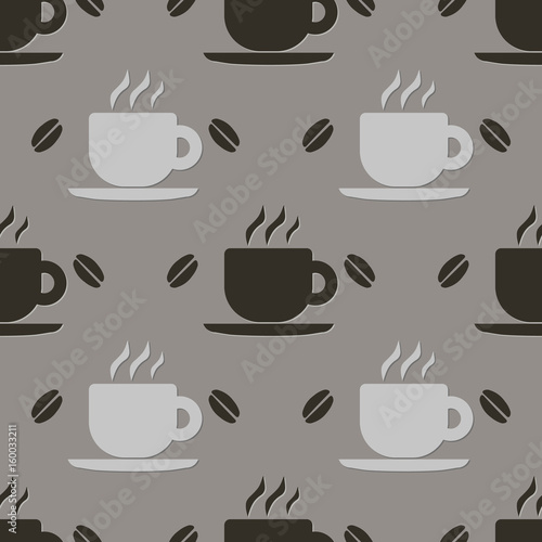 Cups and coffee beans. Food and drink pattern. Vector illustration. Wallpaper  print packaging  textiles. Vector seamless background