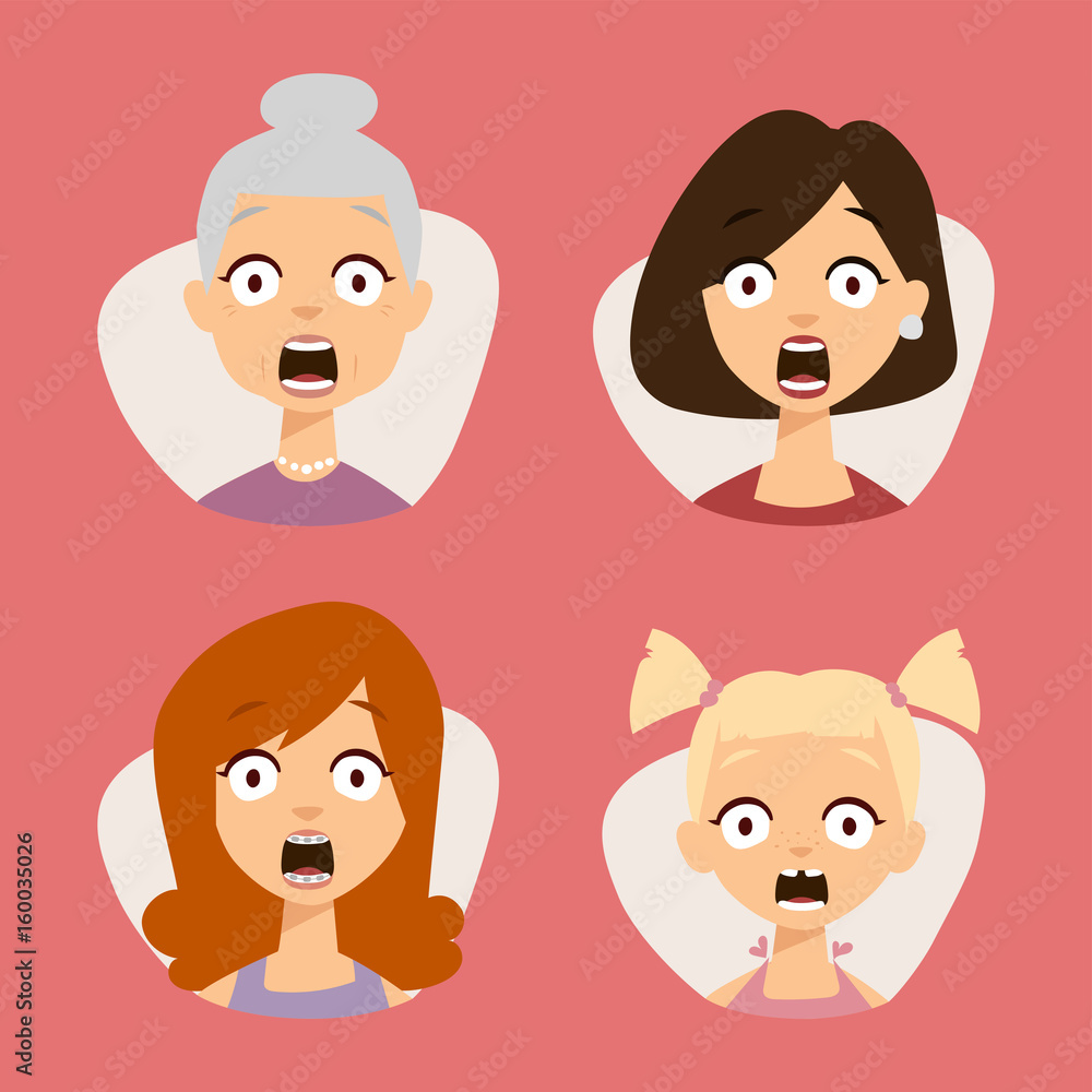 Vector set beautiful emoticons face of people fear shock surprise avatars characters illustration Vector set beautiful emoticons face of people fear shock surprise avatars characters illustration