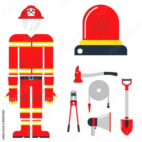 Fire safety equipment emergency tools firefighter safe danger accident protection vector illustration.