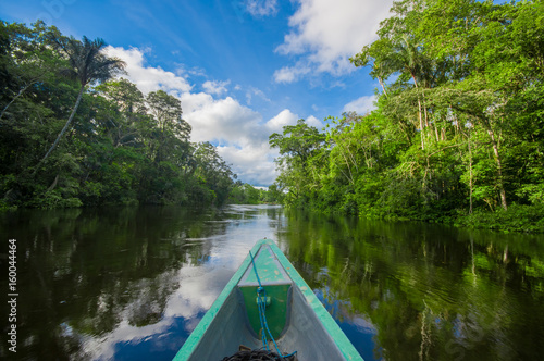 Travelling by boat into the depth of Amazon Jungles in Cuyabeno National Park, Ecuador