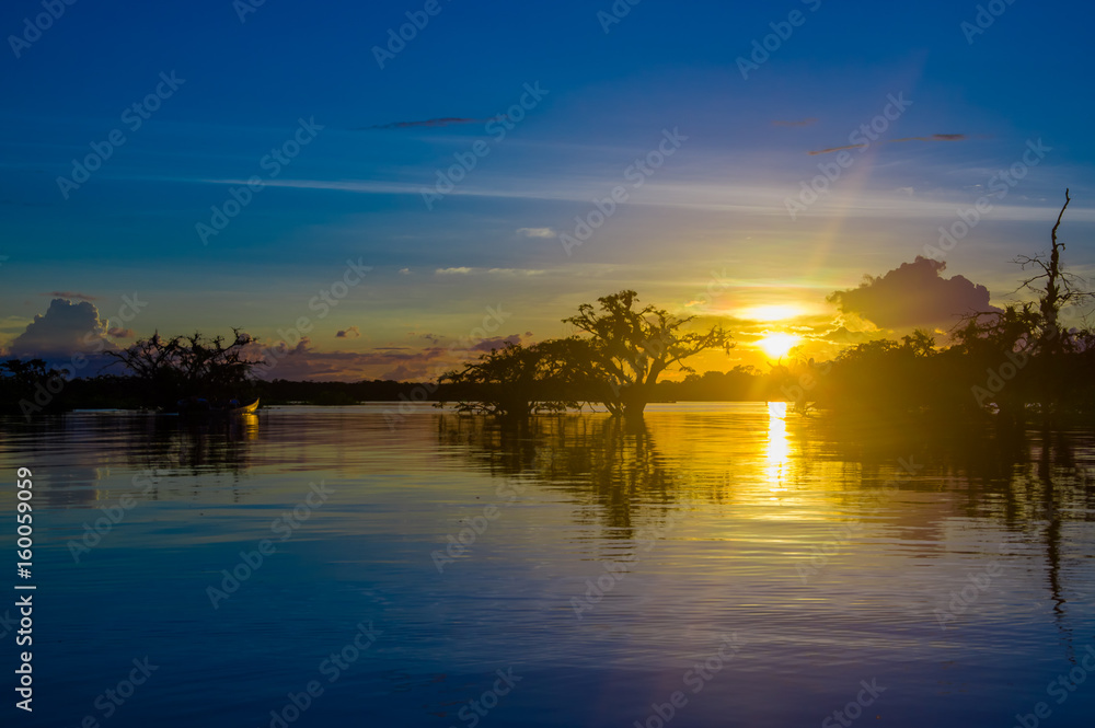 Beautiful silhouetted against an orange sky at sunset over Laguna Grande in the Cuyabeno National Park, in Ecuador