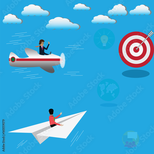 Business success concept Businessman sitting on paper plane but someone sit on air plane - vector