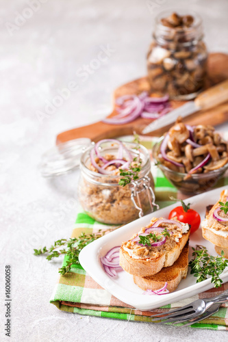 Bruschetta with mushroom caviar. Mushrooms. Selective focus. Copy space for text