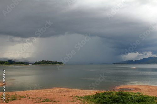 Abstract background of nature and arcus cloud (shelf cloud) during time the rains at lake and mountain of Kaeng Krachan Dam, Kaengkrachan National Park ,Petcahburi in Thailand