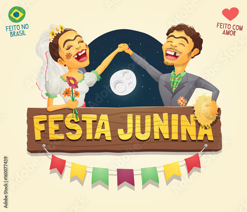 Brazilian June Party hick couple with wooden sign logo/ header - Multiple layers - Creative high quality vector cartoon for june party themes - Made in Brazil - Made with love