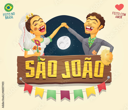 Sao Joao (Saint John) Brazilian June Party hick couple with wooden sign logo/ header - Multiple layers - Creative high quality vector cartoon for june party themes - Made in Brazil - Made with love