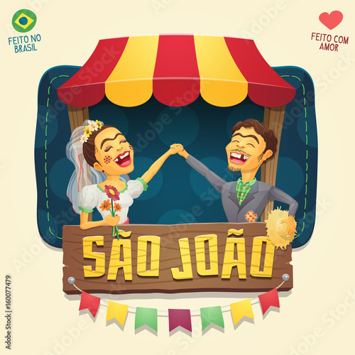 Sao Joao (Saint John) Brazilian June Party hick couple in front of a tent wooden sign logo/ header - Multiple layers high quality vector cartoon for june party themes - Made in Brazil with love
