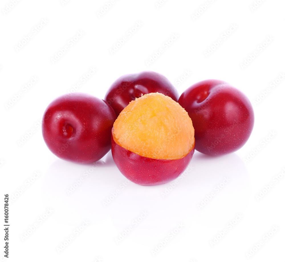 Red plum fruit isolated on white background.