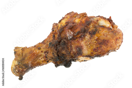 Grilled Chicken drumstick with bone in and with skin on white background. Isolated, great for texture and 3d models. Narrow Aperture shot especially for texture use.