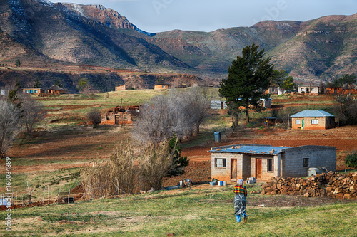  in lesotho  street village near  mountain