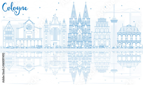 Outline Cologne Skyline with Blue Buildings and Reflections.
