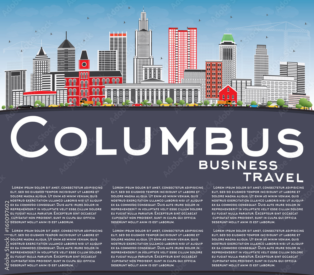 Columbus Skyline with Gray Buildings, Blue Sky and Copy Space.
