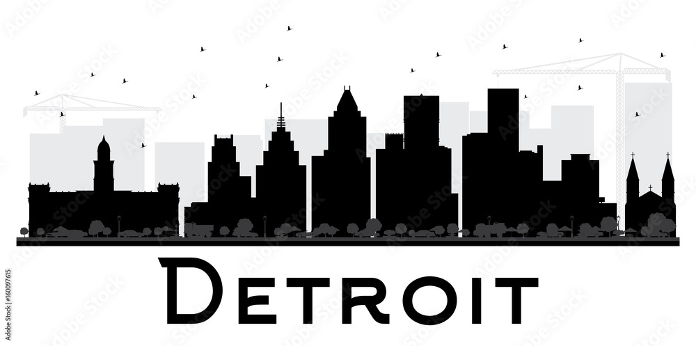 Detroit City skyline black and white silhouette.