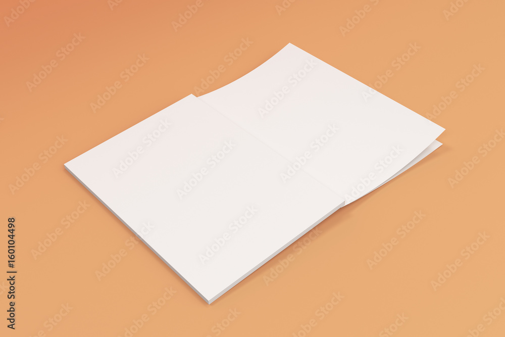 Mockup of blank white open brochure lying with cover upside on orange background Mockup of blank white open brochure lying with cover upside on orange background