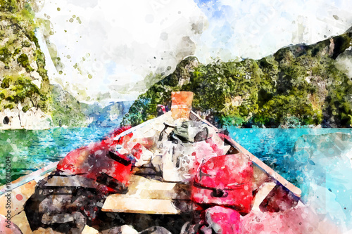 Boat rafting in the dam, with watercolor art.