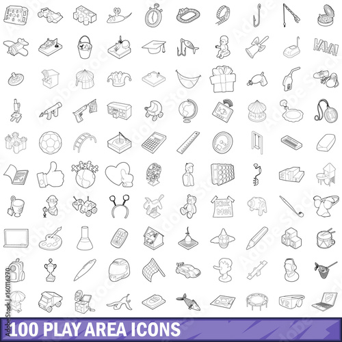 100 play area icons set, outline style