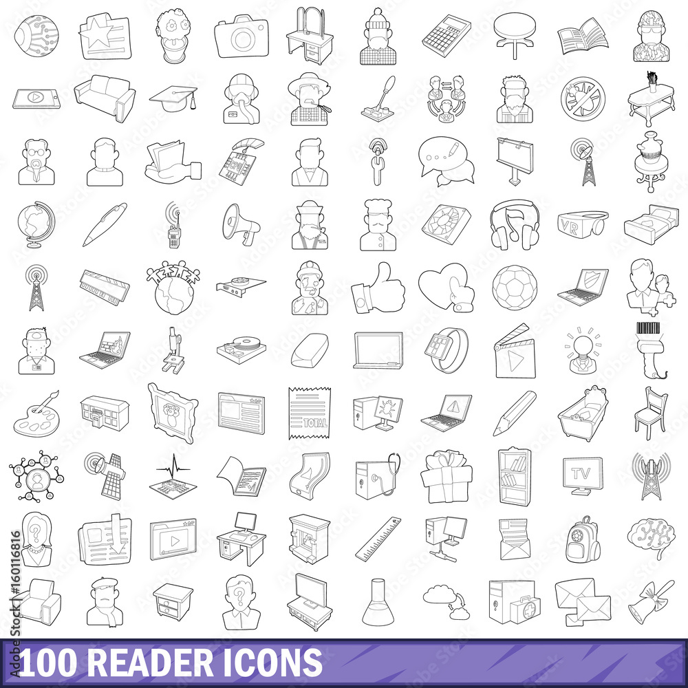 100 reader icons set, outline style