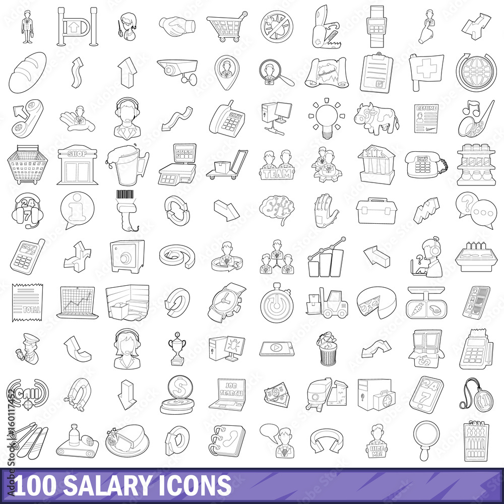 100 salary icons set, outline style 100 salary icons set, outline style