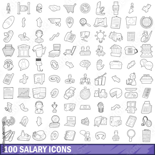 100 salary icons set, outline style