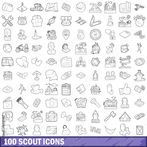 100 scout icons set, outline style