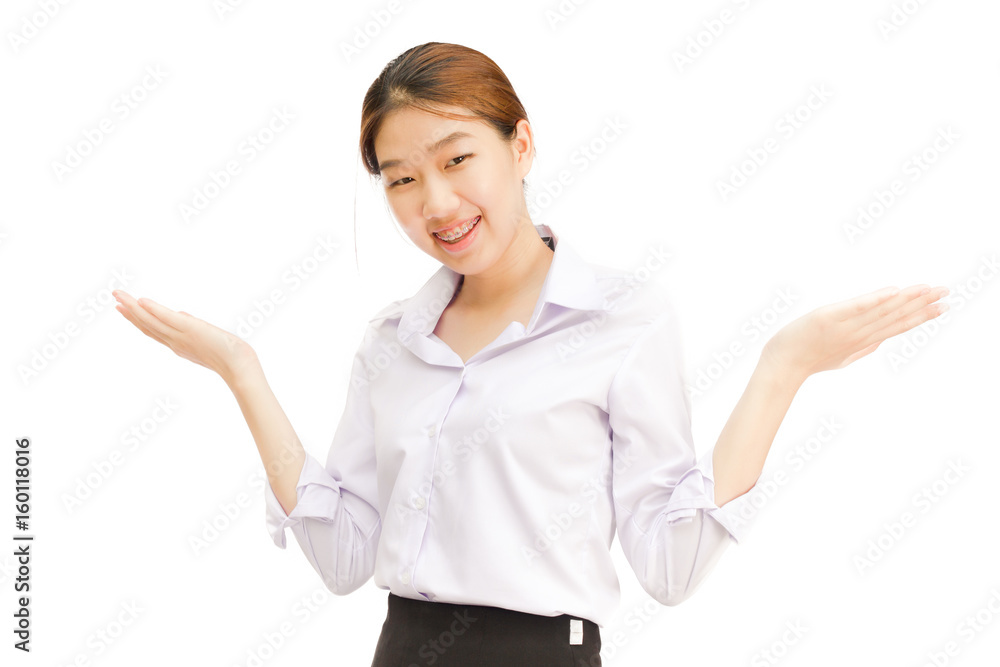 A pretty Asian young businesswoman on white background A pretty Asian young businesswoman on white background