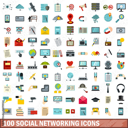 100 social networking icons set, flat style