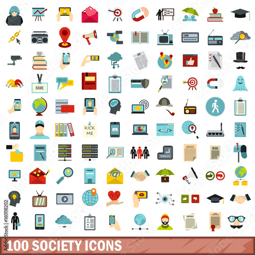 100 society icons set, flat style
