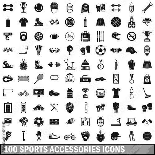 100 sport accessories icons set, simple style 