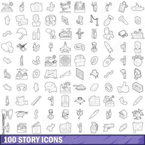 100 story icons set, outline style