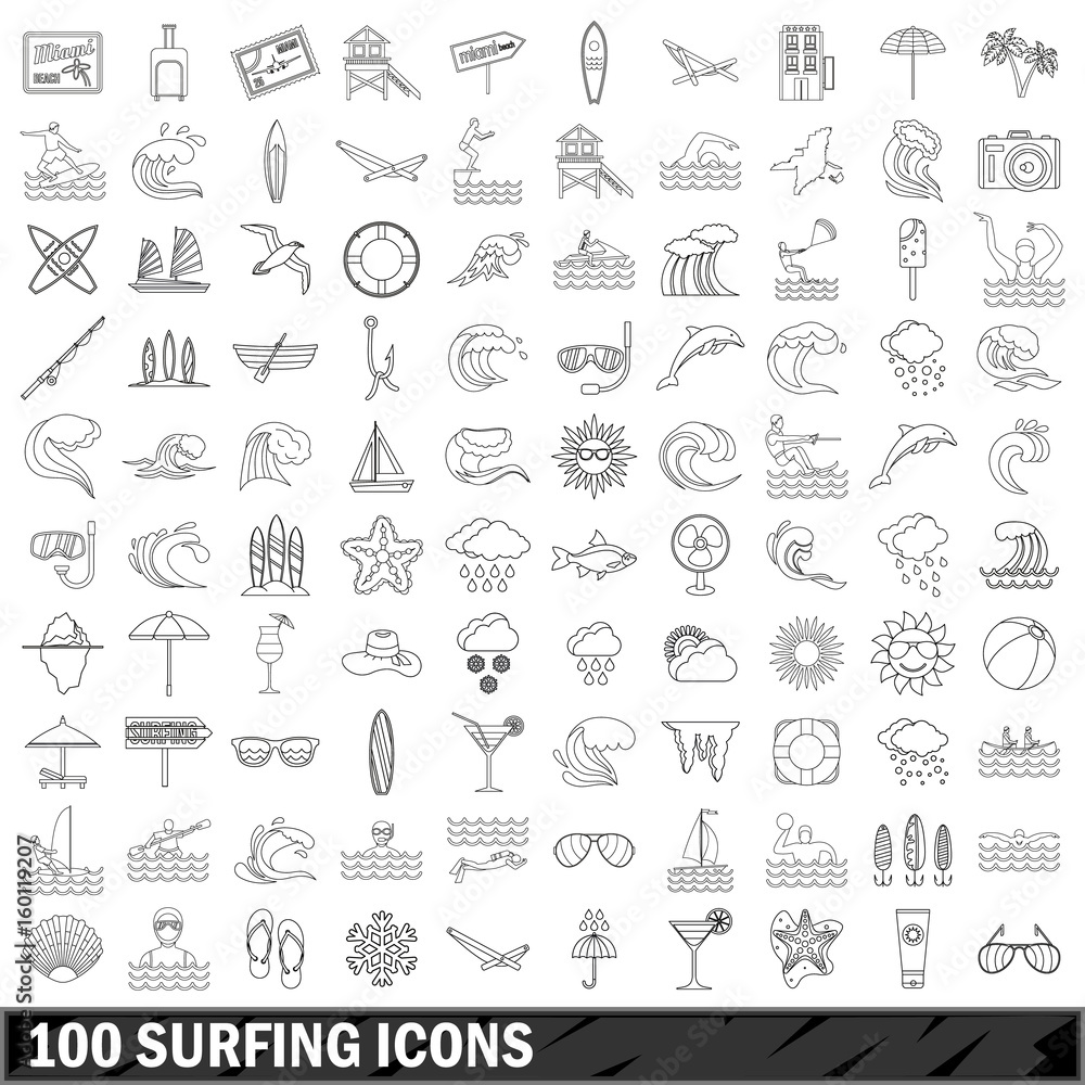100 surfing icons set, outline style 100 surfing icons set, outline style