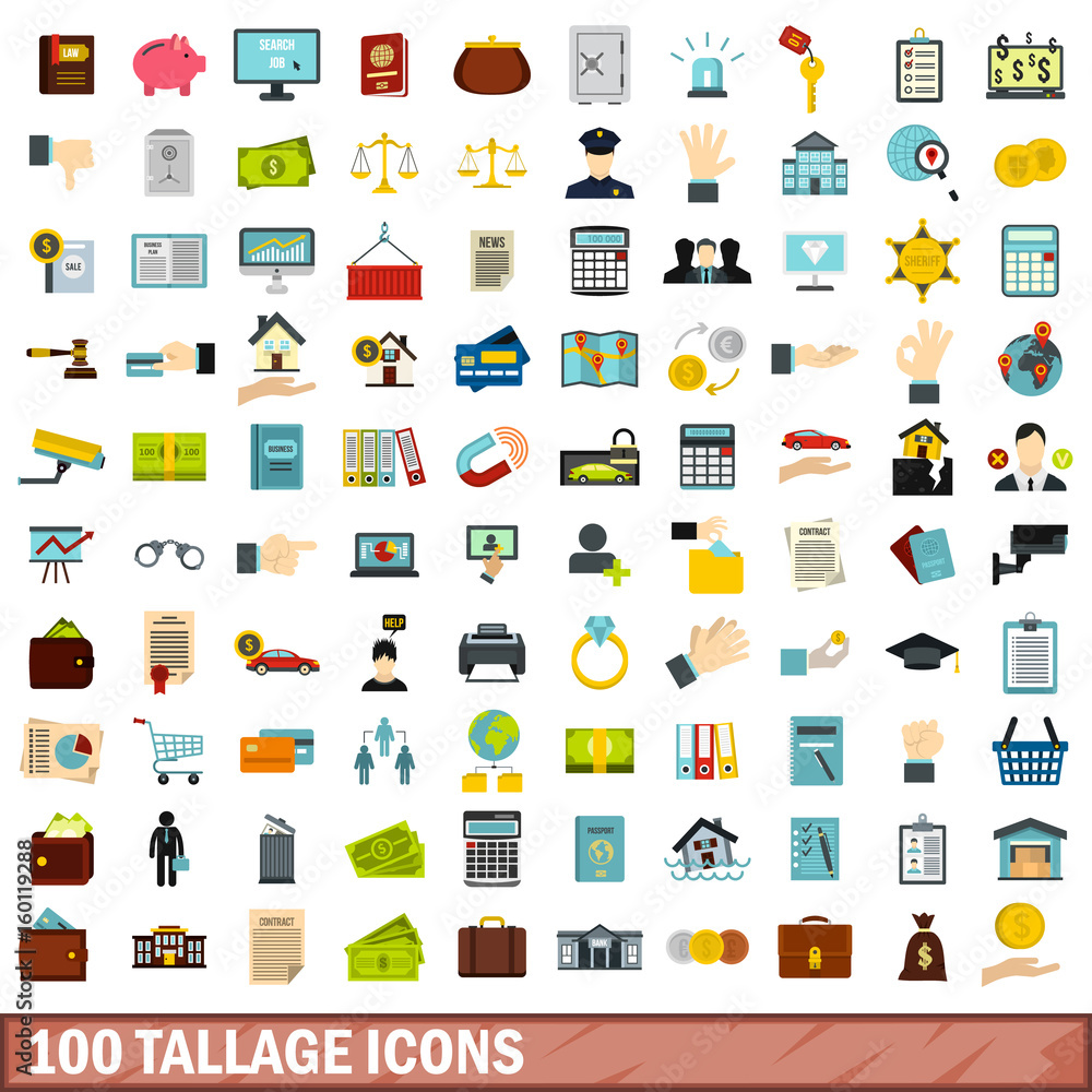 100 tallage icons set, flat style 100 tallage icons set, flat style