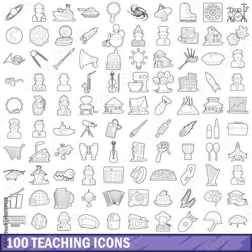 100 teaching icons set, outline style