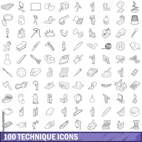100 technique icons set, outline style
