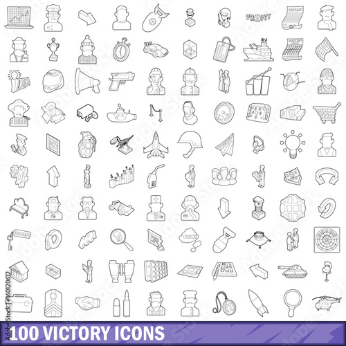 100 victory icons set, outline style