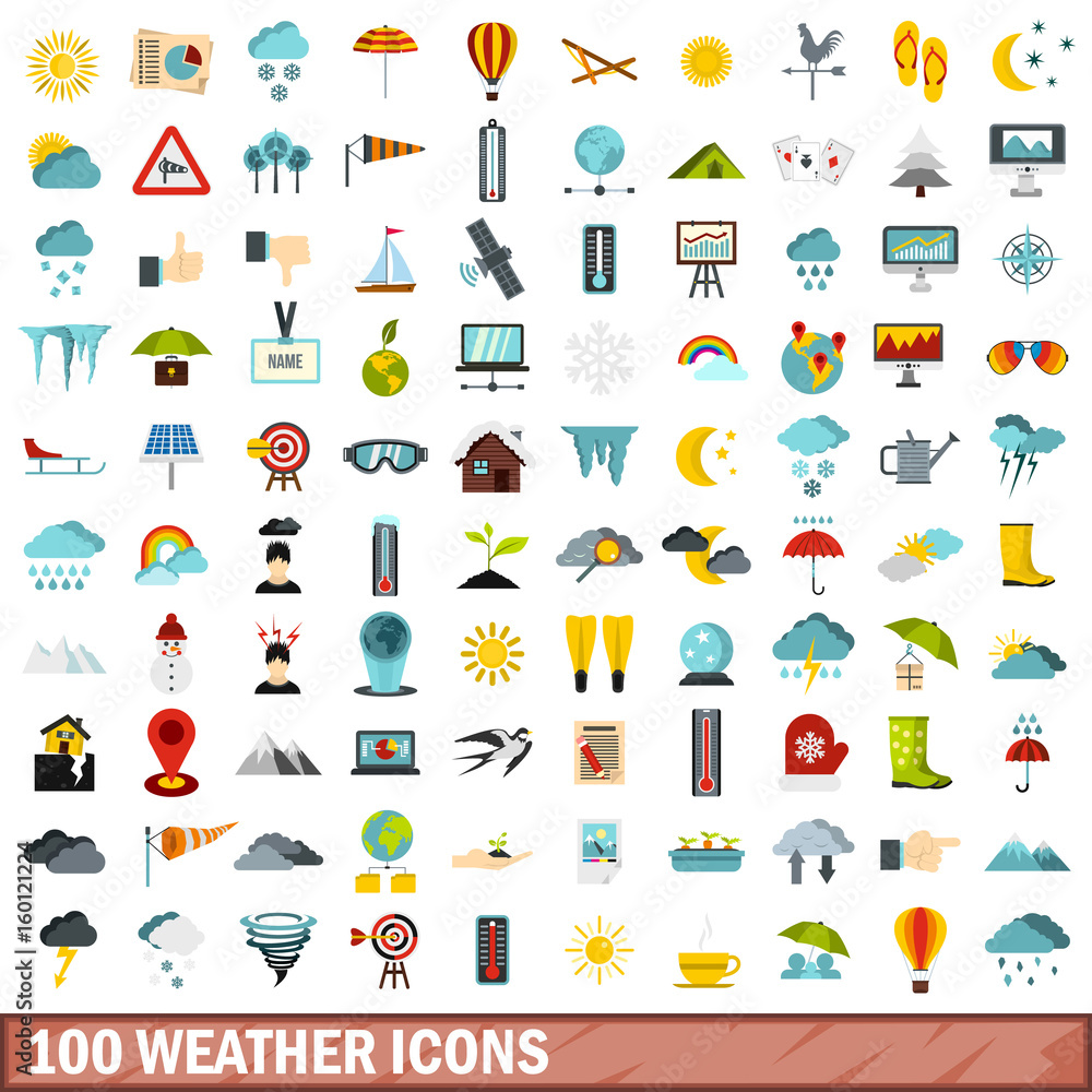 100 weather icons set, flat style 100 weather icons set, flat style