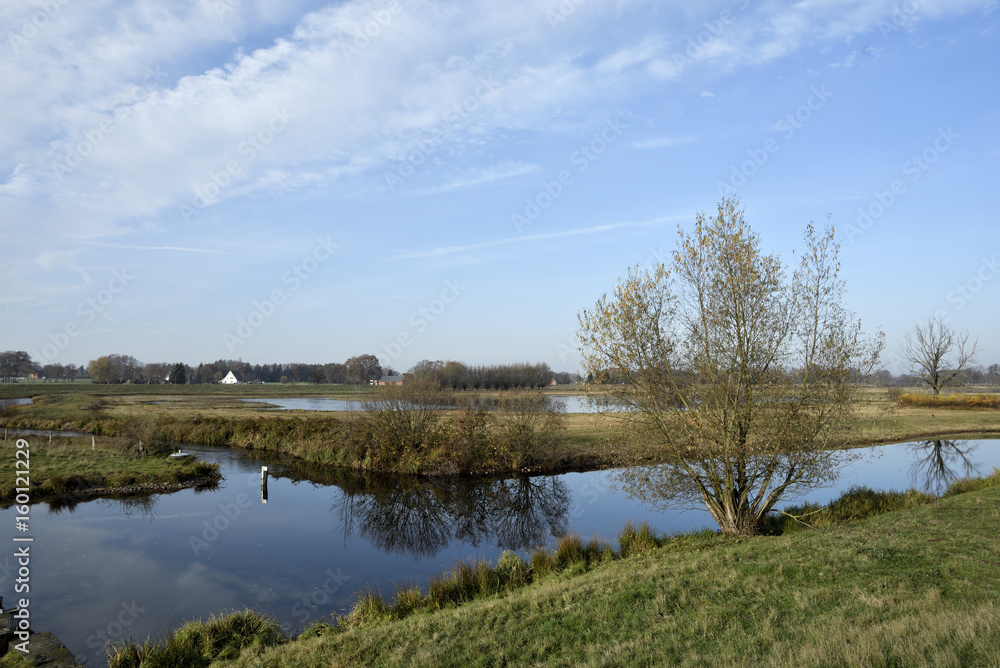 Gruene Fluss-Landschaft, Naturschutzgebiet, Steinhorster Becken, Nature landscape with green fields and water Gruene Fluss-Landschaft, Naturschutzgebiet, Steinhorster Becken, Nature landscape with green fields and water