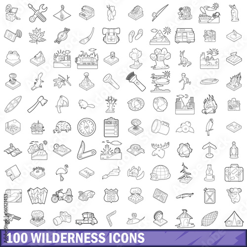 100 wilderness icons set  outline style
