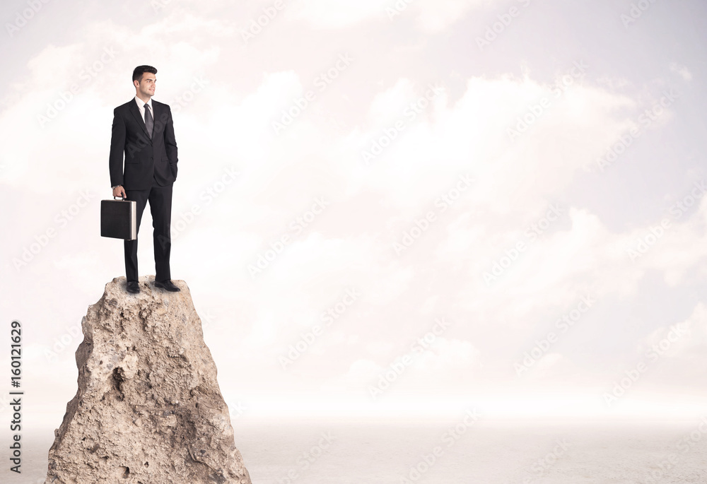 Happy businessman standing on cliff Happy businessman standing on cliff