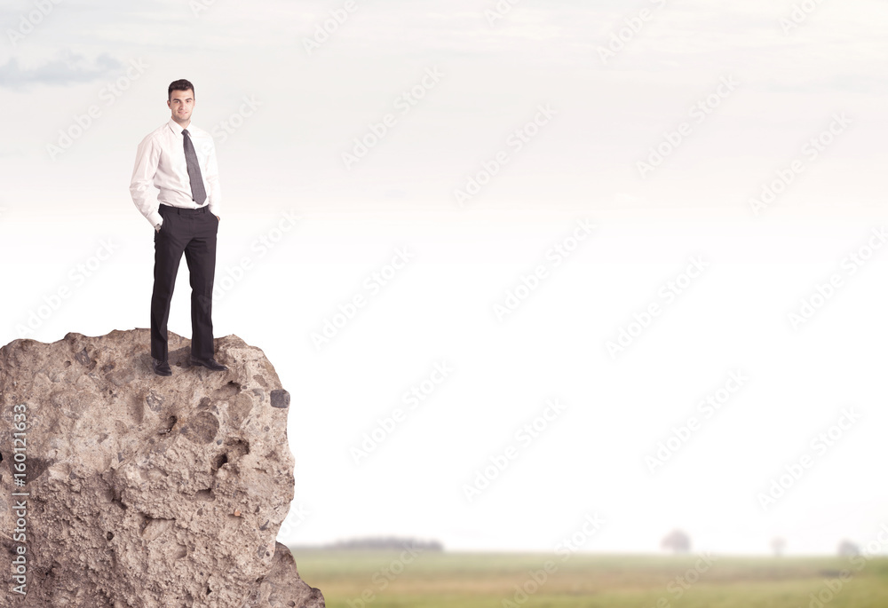 Happy salesman on cliff in the country Happy salesman on cliff in the country